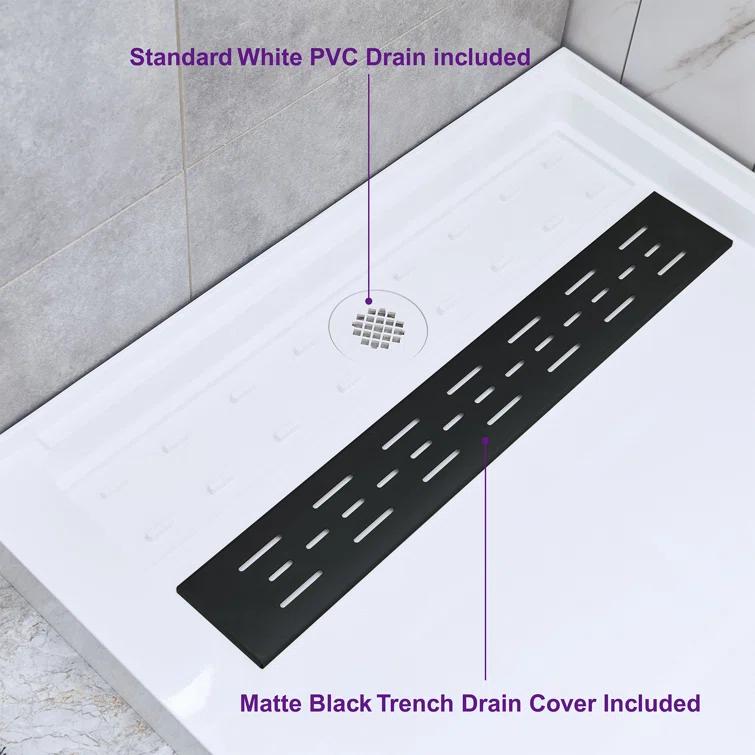 48" W x 36" Solid Surface Single Threshold Shower Pan Base with Drain Assembly & Drain Cover Included, Non-Slip