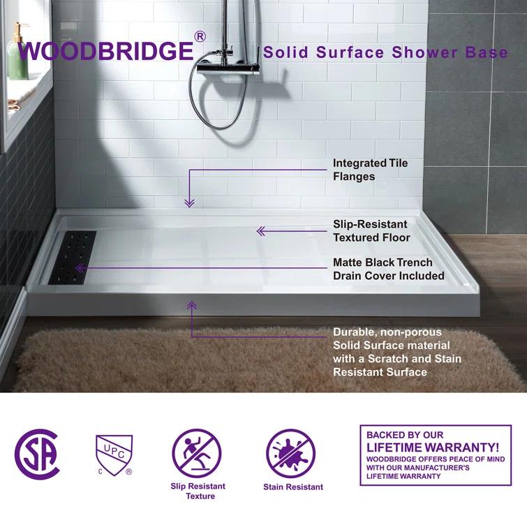 48" W x 36" Solid Surface Single Threshold Shower Pan Base with Drain Assembly & Drain Cover Included, Non-Slip