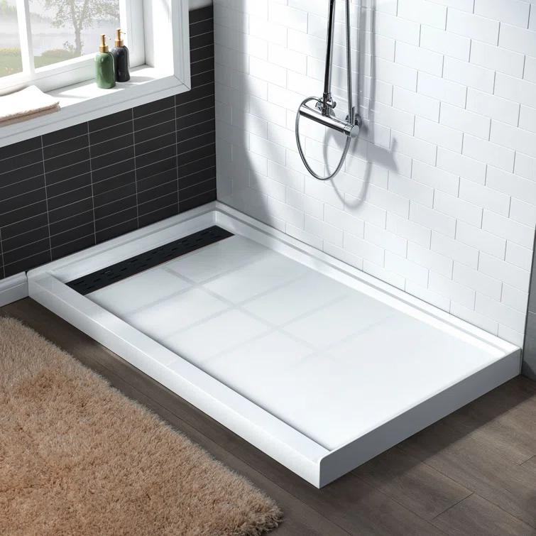 60" x 36" Solid Surface Single Threshold Shower Pan Base with Drain Assembly & Drain Cover Included, Non-Slip