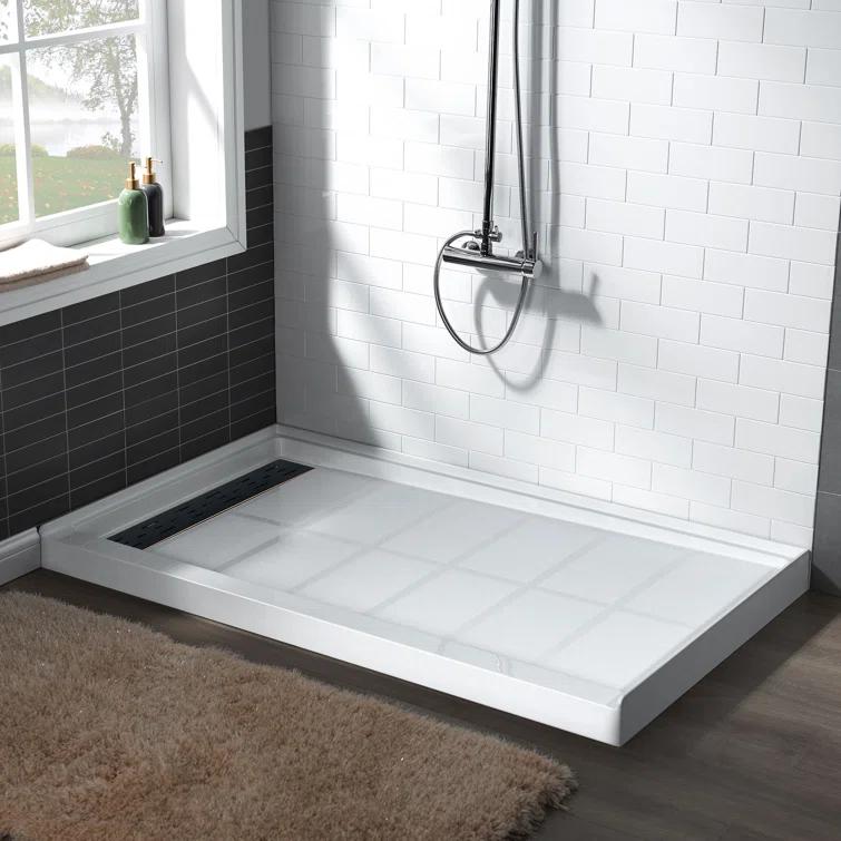 60" x 36" Solid Surface Single Threshold Shower Pan Base with Drain Assembly & Drain Cover Included, Non-Slip