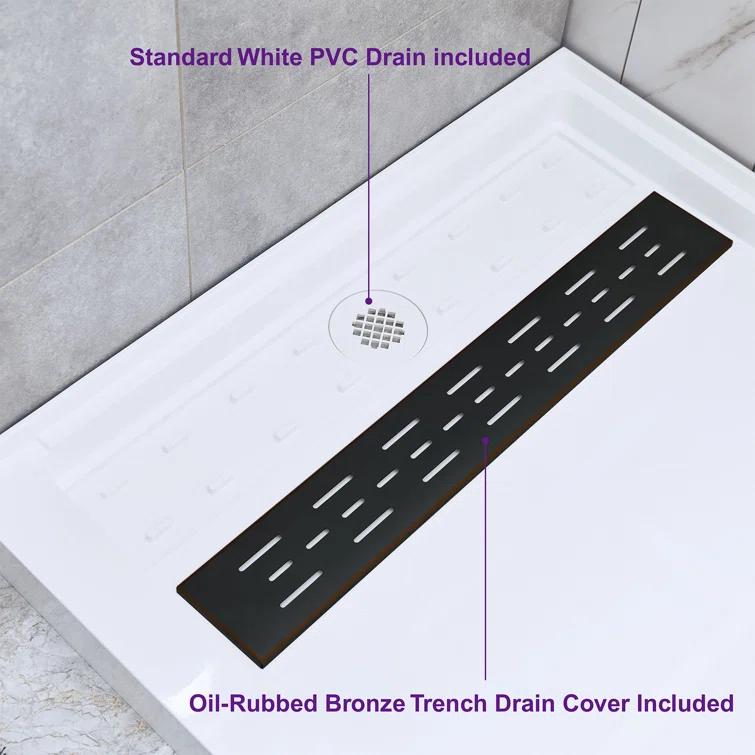 60" x 36" Solid Surface Single Threshold Shower Pan Base with Drain Assembly & Drain Cover Included, Non-Slip