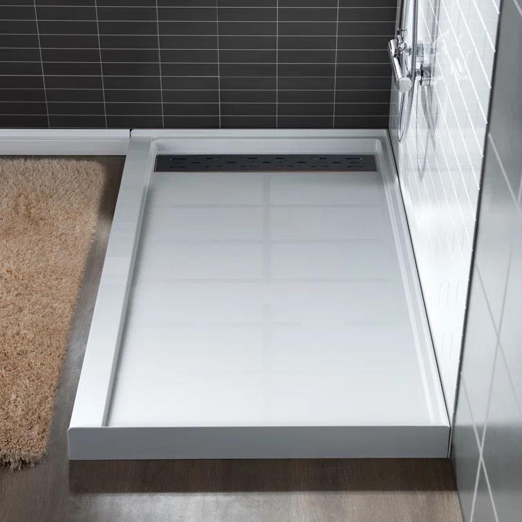 60" x 36" Solid Surface Single Threshold Shower Pan Base with Drain Assembly & Drain Cover Included, Non-Slip