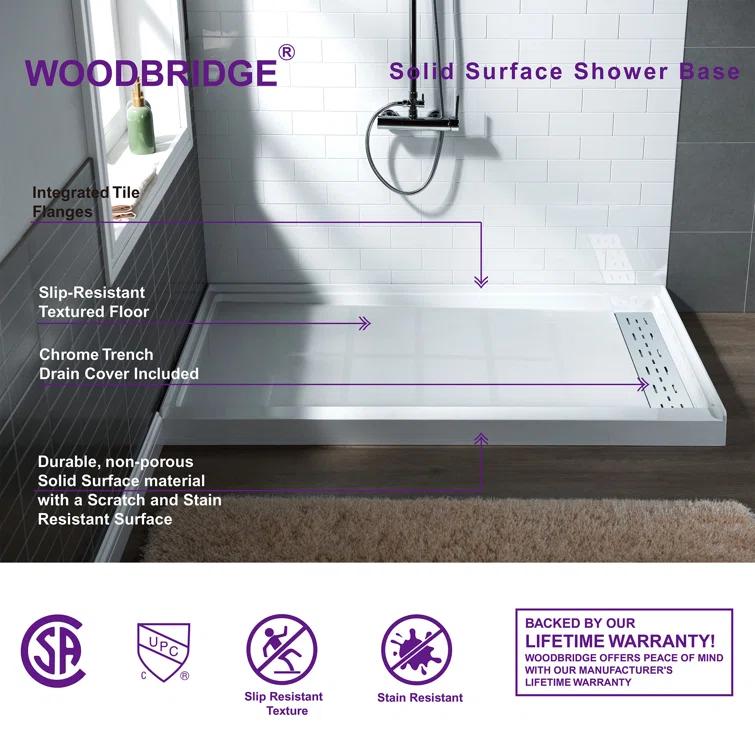 48" W x 36" Solid Surface Single Threshold Shower Pan Base with Drain Assembly & Drain Cover Included, Non-Slip