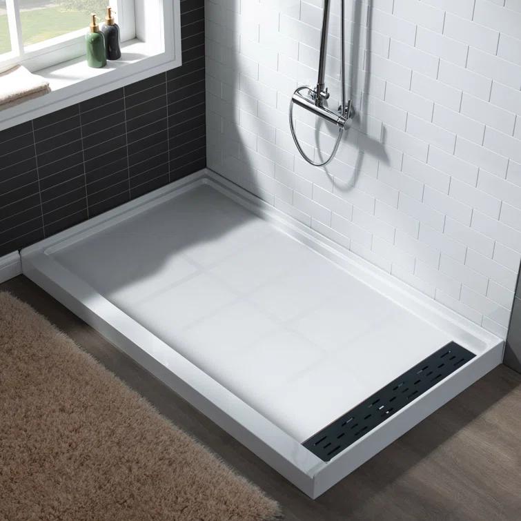 60" x 36" Solid Surface Single Threshold Shower Pan Base with Drain Assembly & Drain Cover Included, Non-Slip
