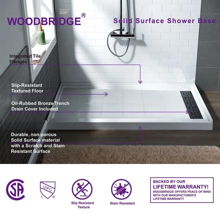 60" x 36" Solid Surface Single Threshold Shower Pan Base with Drain Assembly & Drain Cover Included, Non-Slip