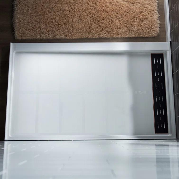 60" x 36" Solid Surface Single Threshold Shower Pan Base with Drain Assembly & Drain Cover Included, Non-Slip
