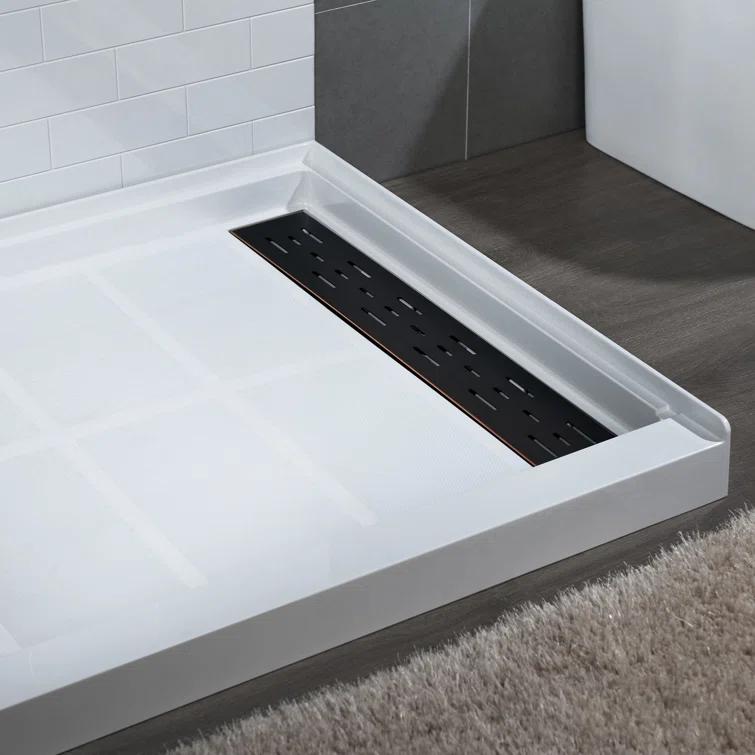 60" x 36" Solid Surface Single Threshold Shower Pan Base with Drain Assembly & Drain Cover Included, Non-Slip