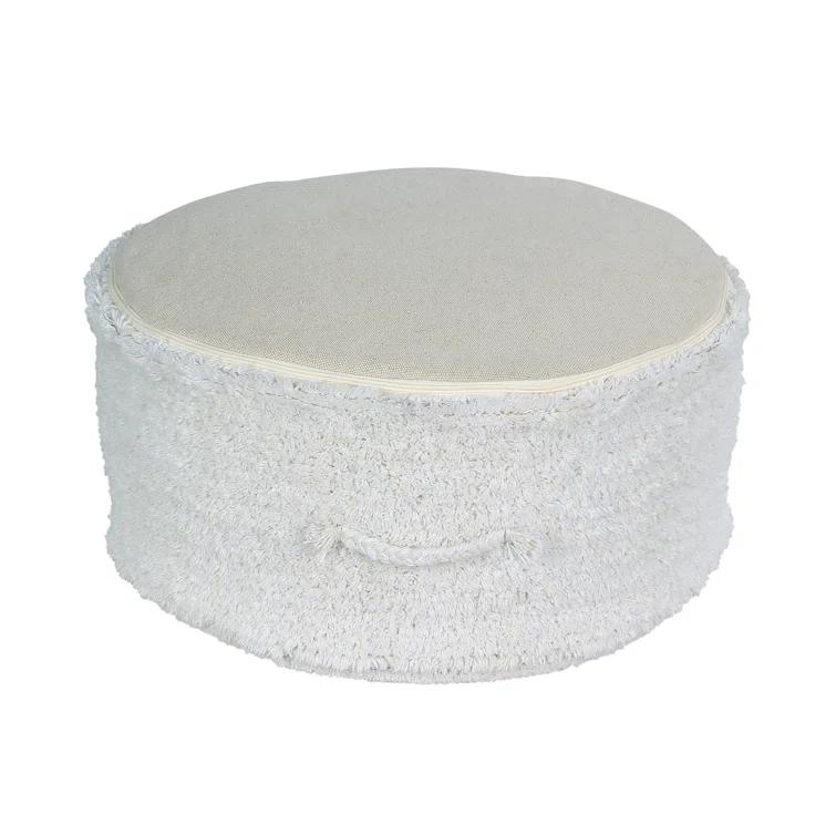 Ivory White Cotton Round Pouf Ottoman