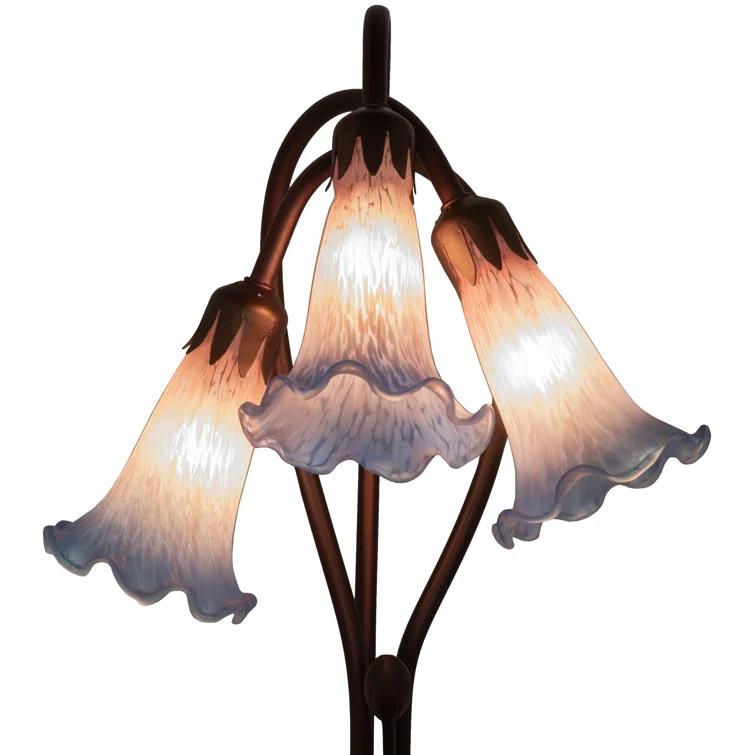 Meyda Tiffany 14670 Pink/Blue Pond Lily - 3 Light Accent Lamp   Mahogany Bronze Finish with Pink/Mauve/Blue Glass