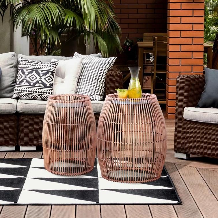 Bay Isle Home™ Bamboo Drum Side Table with Black Iron Top – Weather-Resistant Open Weave Accent Table