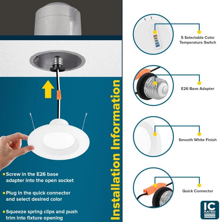 Sunperian SP34205-4PC 6'' Selectable Color Temperature Dimmable Air-Tight IC Rated LED Retrofit Recessed Lighting Kit (Set of 4)