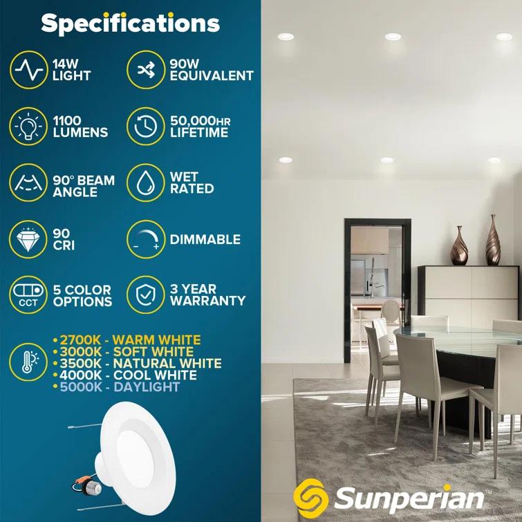 Sunperian SP34205-4PC 6'' Selectable Color Temperature Dimmable Air-Tight IC Rated LED Retrofit Recessed Lighting Kit (Set of 4)