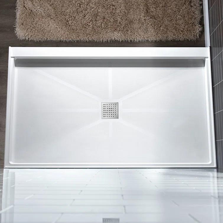 36" Solid Surface Square Single Threshold Shower Pan Base with Drain Assembly & Drain Cover Included, Non-Slip