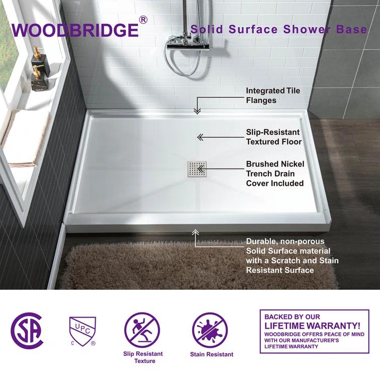 36" Solid Surface Square Single Threshold Shower Pan Base with Drain Assembly & Drain Cover Included, Non-Slip
