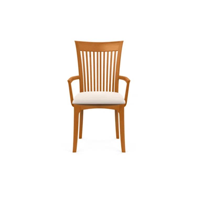 Modern Cherry Wood Slat Arm Chair with White Leather Upholstery
