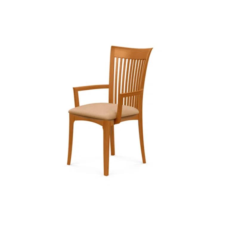 Modern Cherry Wood Slat Arm Chair with White Leather Upholstery