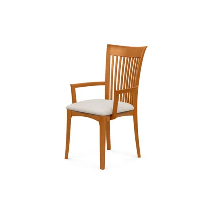 Modern Cherry Wood Slat Arm Chair with White Leather Upholstery
