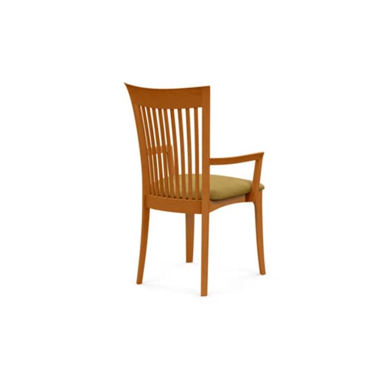 Modern Cherry Wood Slat Arm Chair with White Leather Upholstery