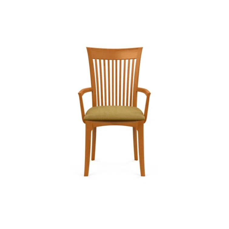 Modern Cherry Wood Slat Arm Chair with White Leather Upholstery