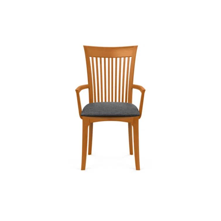 Modern Cherry Wood Slat Arm Chair with White Leather Upholstery