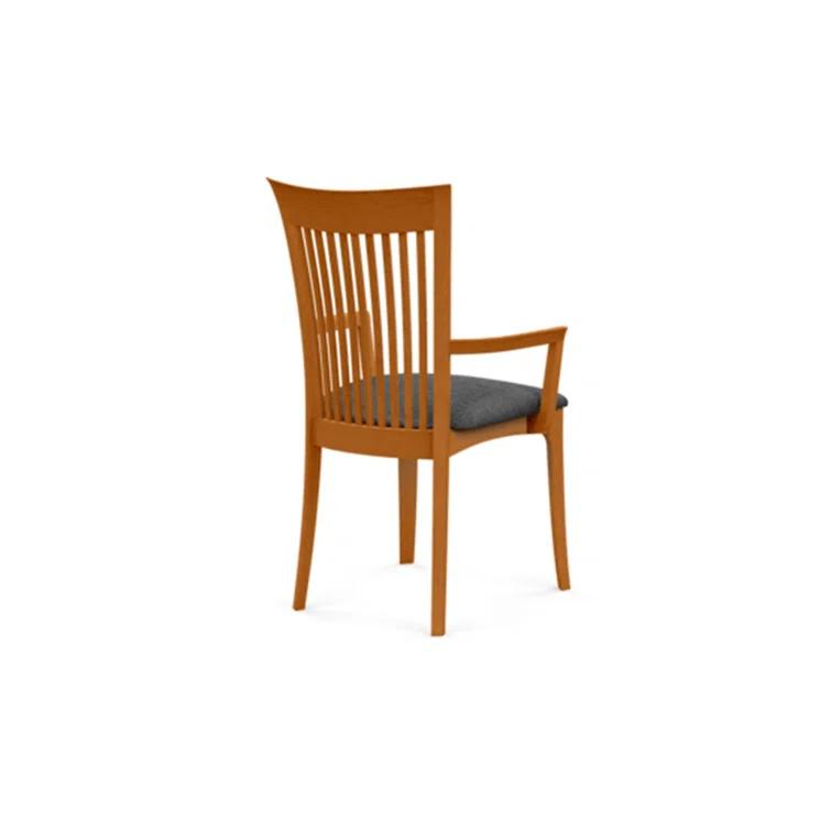 Modern Cherry Wood Slat Arm Chair with White Leather Upholstery