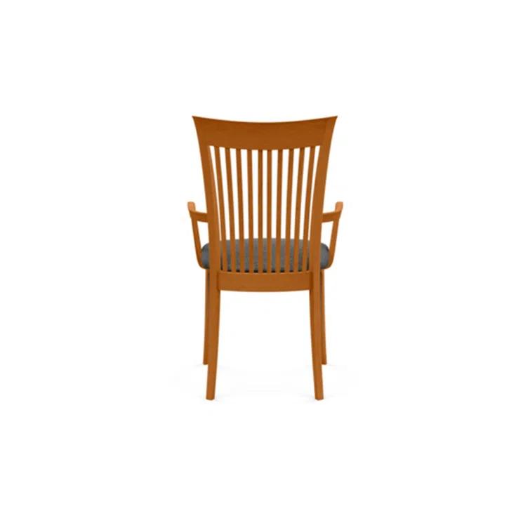 Modern Cherry Wood Slat Arm Chair with White Leather Upholstery