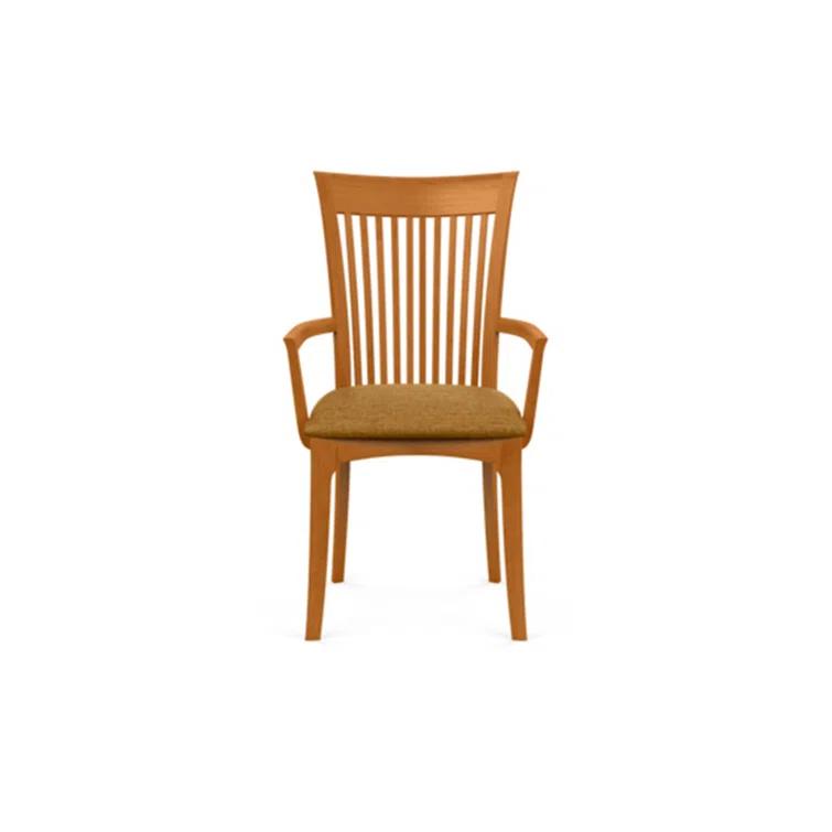 Modern Cherry Wood Slat Arm Chair with White Leather Upholstery