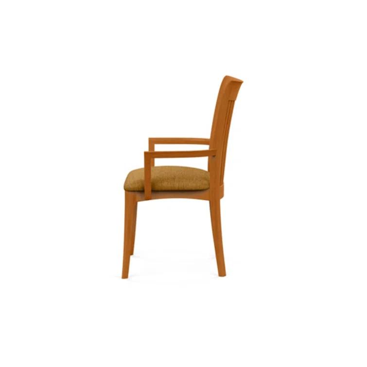 Modern Cherry Wood Slat Arm Chair with White Leather Upholstery