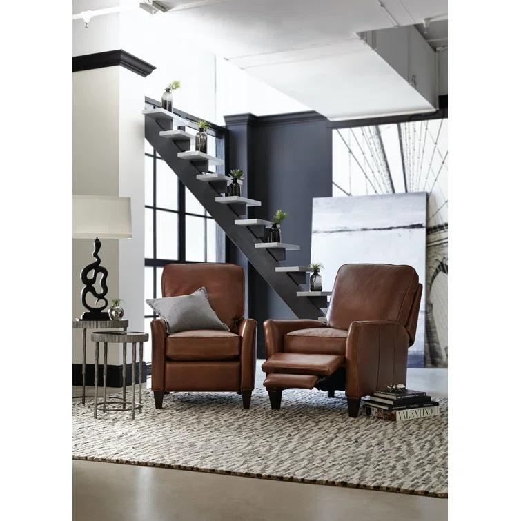 Handcrafted Brown Leather Recliner with Dark Wood Finish