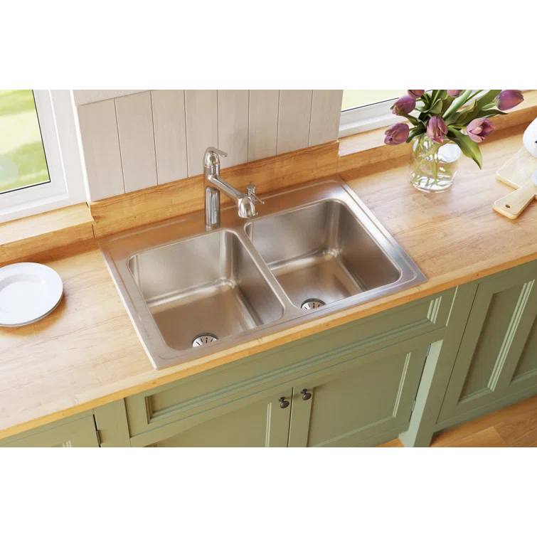 Elkay DLR332210PDMR2 Lustertone 33" L x 22" W Double Basin Drop-In Kitchen Sink with Drain Assembly