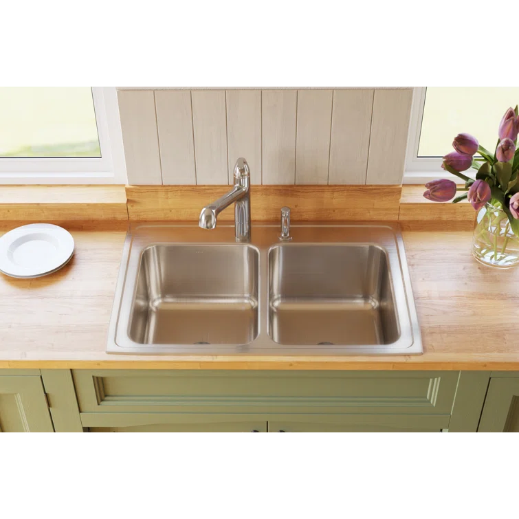 Elkay DLR332210PDMR2 Lustertone 33" L x 22" W Double Basin Drop-In Kitchen Sink with Drain Assembly