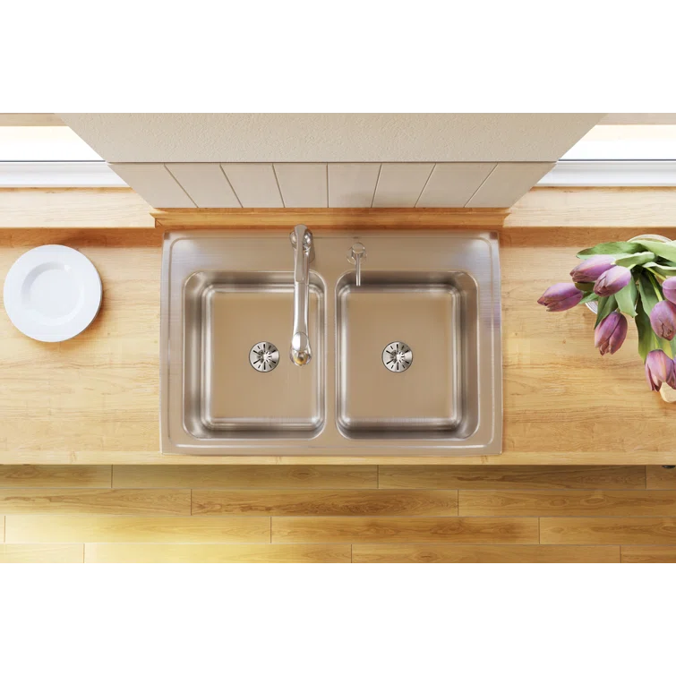 Elkay DLR332210PDMR2 Lustertone 33" L x 22" W Double Basin Drop-In Kitchen Sink with Drain Assembly