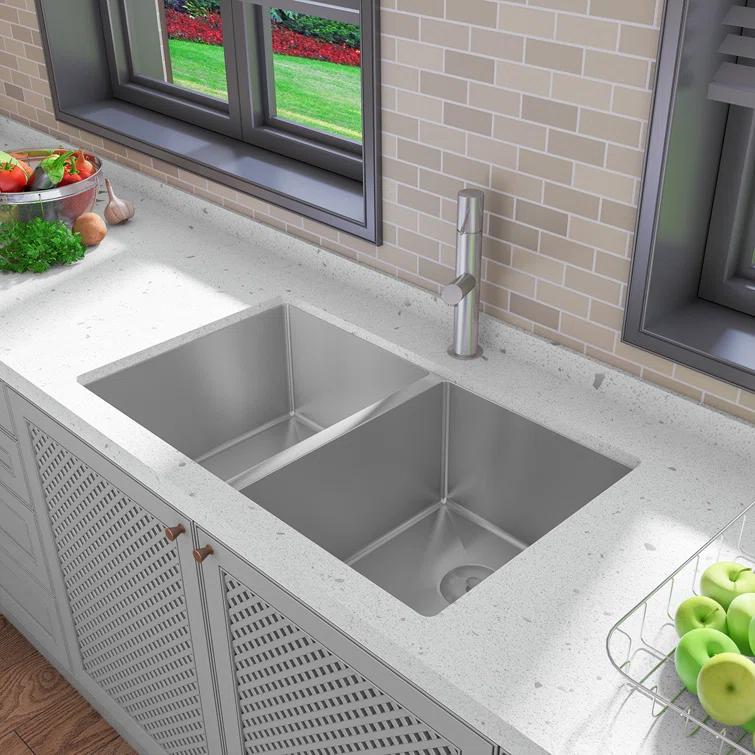 Sinber 32" x 19" Undermount Double Bowl Kitchen Sink with 18 Gauge 304 Stainless Steel Satin Finish
