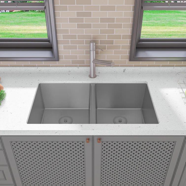 Sinber 32" x 19" Undermount Double Bowl Kitchen Sink with 18 Gauge 304 Stainless Steel Satin Finish