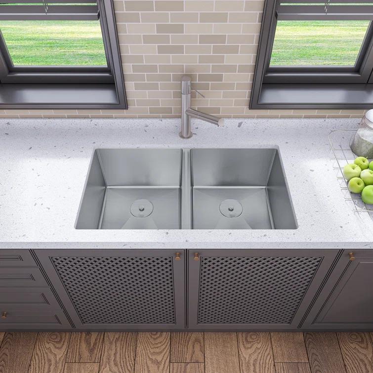 Sinber 32" x 19" Undermount Double Bowl Kitchen Sink with 18 Gauge 304 Stainless Steel Satin Finish
