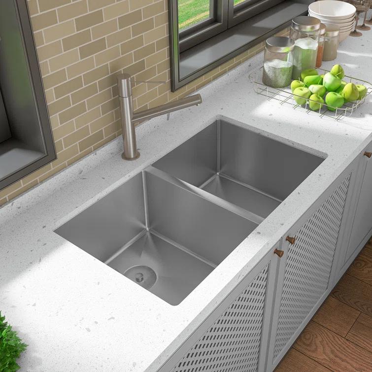 Sinber 32" x 19" Undermount Double Bowl Kitchen Sink with 18 Gauge 304 Stainless Steel Satin Finish