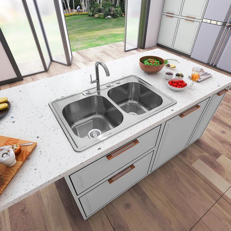 Sinber 33" x 22" Drop In Double Bowl Kitchen Sink with 18 Gauge 304 Stainless Steel Satin Finish