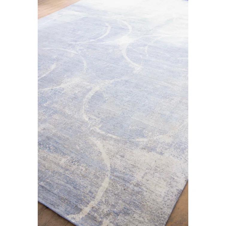 Exquisite Rugs Fine Pure Silk Handmade Hand Knotted Silk Blue/Gray/Ivory Area Rug