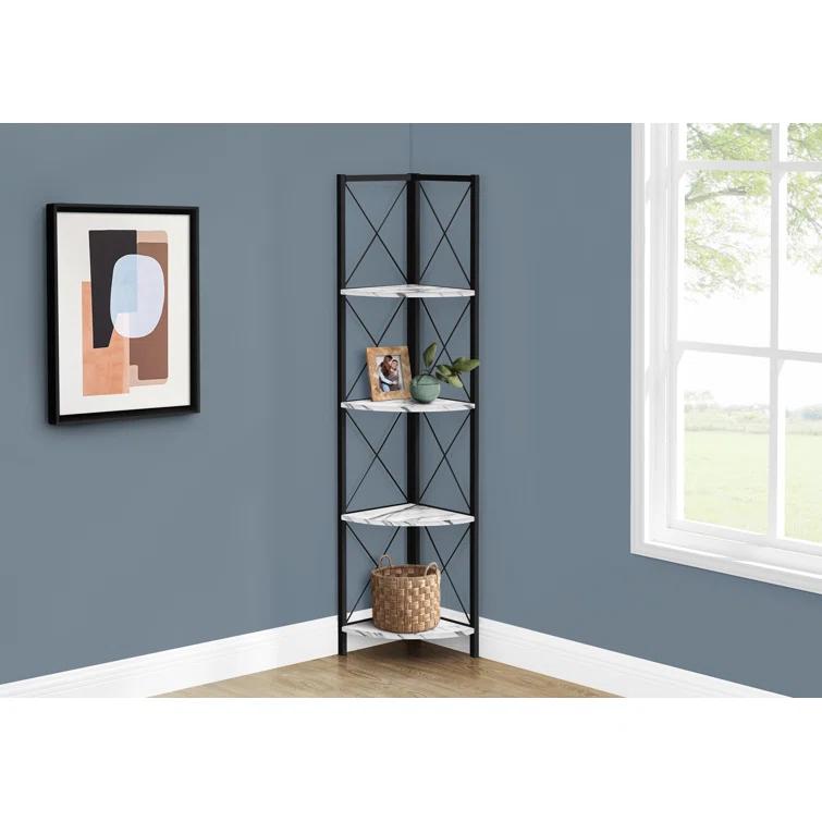 Bookshelf, Bookcase, Etagere, Corner, 4 Tier, 60"H, Office, Bedroom, Metal, Laminate