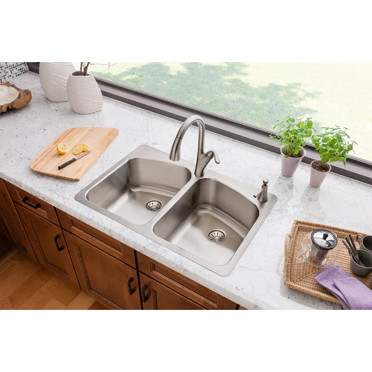 Elkay Lustertone 33" L x 22" W Double Basin Dual Mount Kitchen Sink with Drain Assembly LKHSR33229PD2R