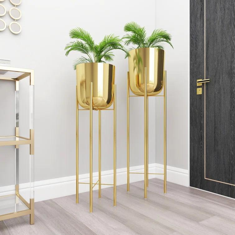 CosmoLiving by Cosmopolitan 2 - Piece Silver Metal Tall Indoor Outdoor Dome Indoor Outdoor Planter with Removable Stand Set