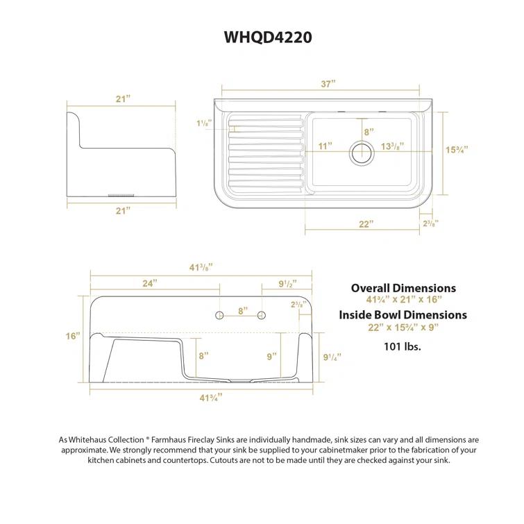 Whitehaus 42" Single Bowl Fireclay Utility Above Mount Sink: Integral Drainboard, High Backsplash