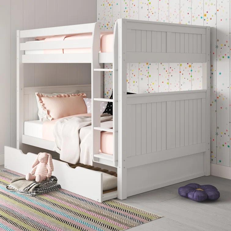 White Full Over Full Bunk Bed with Twin Trundle and Panel Headboard