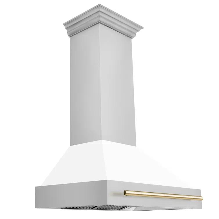 ZLINE Autograph Edition 36 in. Stainless Steel Range Hood W/ White Matte Shell & Champagne Bronze Handle