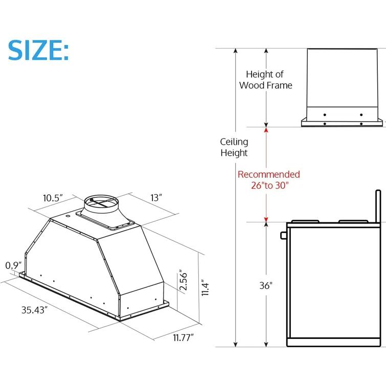 36'' VIKIO 900 Cubic Feet Per Minute Ducted Insert Range Hood with Baffle Filter and Light Included