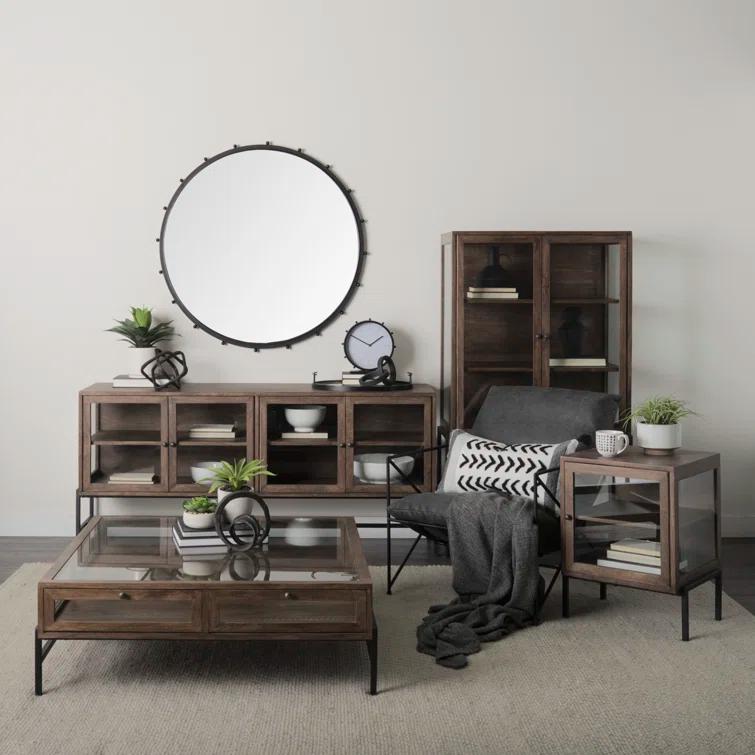 Medium Brown Mango Wood and Black Iron Curio Cabinet