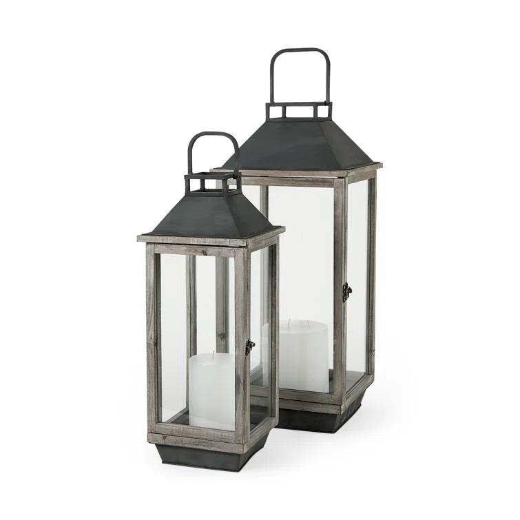 Natural Wood and Metal Hanging Candle Lantern Set