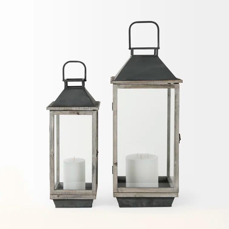 Natural Wood and Metal Hanging Candle Lantern Set