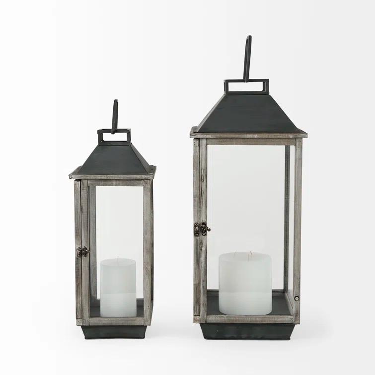 Natural Wood and Metal Hanging Candle Lantern Set