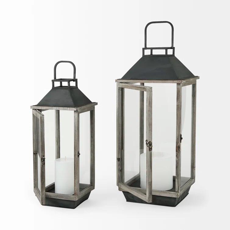 Natural Wood and Metal Hanging Candle Lantern Set
